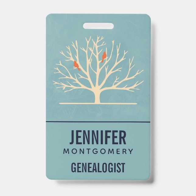 Modern Orange Birds in a Large Tree Genealogist Badge (Front)