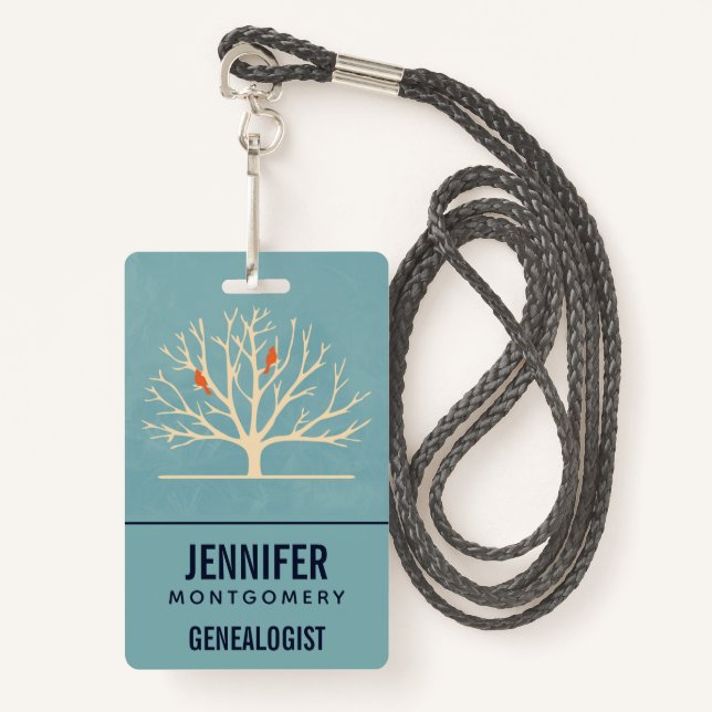 Modern Orange Birds in a Large Tree Genealogist Badge (Front with Lanyard)