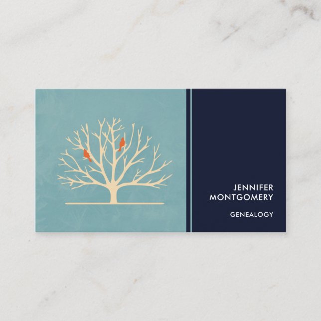 Modern Orange Birds in a Large Tree Illustration Business Card (Front)
