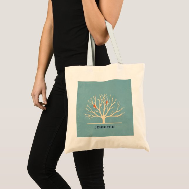 Modern Orange Birds in a Large Tree Illustration Tote Bag (Front (Product))