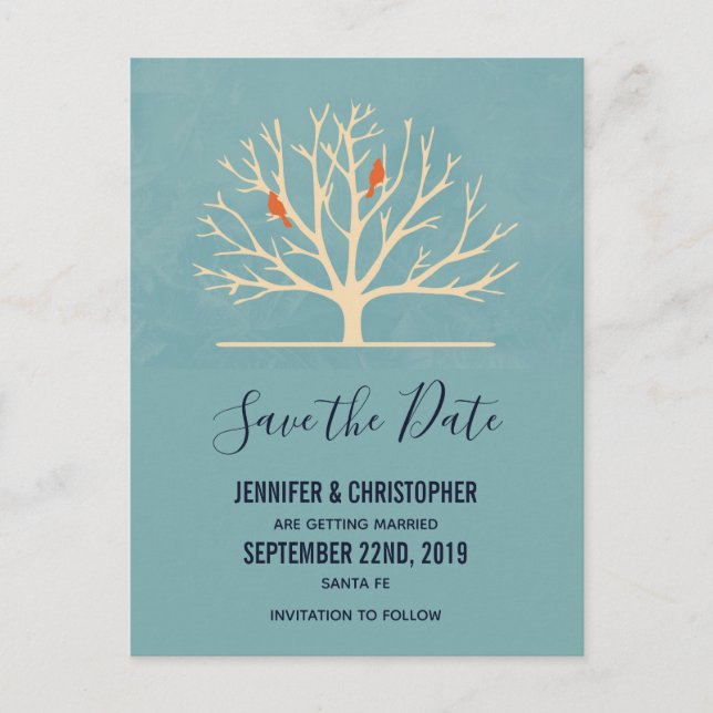 Modern Orange Birds in a Large Tree Save the Date Postcard (Front)