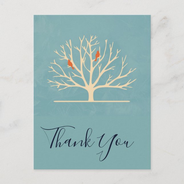 Modern Orange Birds in a Large Tree Thank You Postcard (Front)