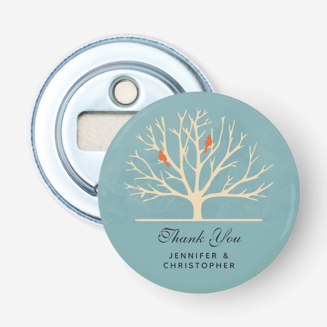 Modern Orange Birds in a Large Tree Wedding Bottle Opener (Front)