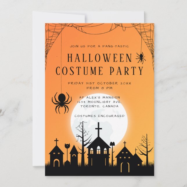 Modern Orange Black Adult Halloween Costume Party Invitation (Front)