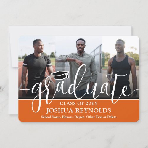 Modern Orange Black and White 4 Photo Graduation Announcement