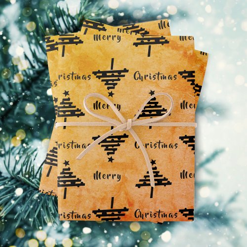 Modern Orange Black Christmas Tree Pattern Holiday Wrapping Paper Sheets