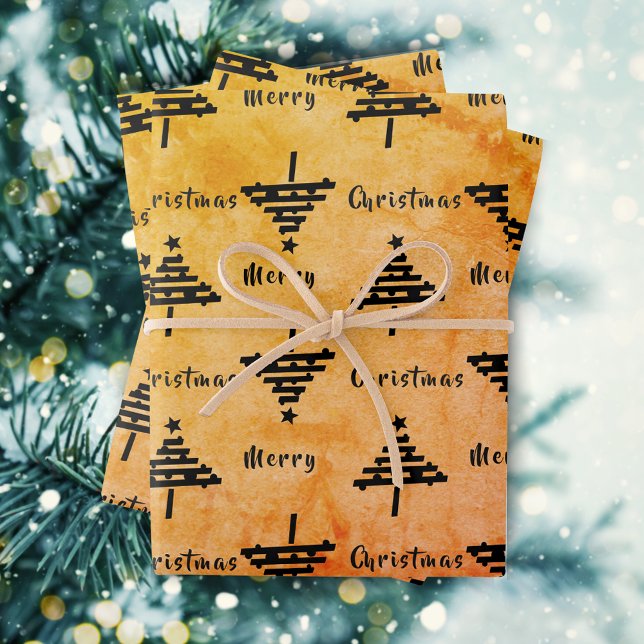Modern Orange Black Christmas Tree Pattern Holiday Wrapping Paper Sheets (Creator Uploaded)