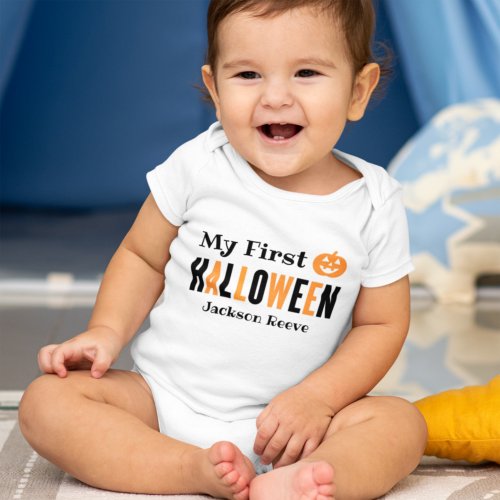 Modern Orange Black My First Halloween with Name Baby Bodysuit