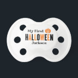 Modern Orange Black My First Halloween with Name Pacifier<br><div class="desc">Cute and stylish "My First Halloween" custom pacifier for baby. Features modern orange and black lettering,  a smiling jack-o'-lantern pumpkin,  and custom text that can be personalized with baby's name.</div>