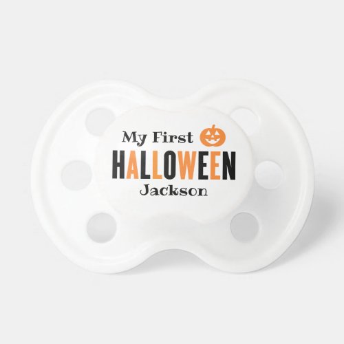 Modern Orange Black My First Halloween with Name Pacifier