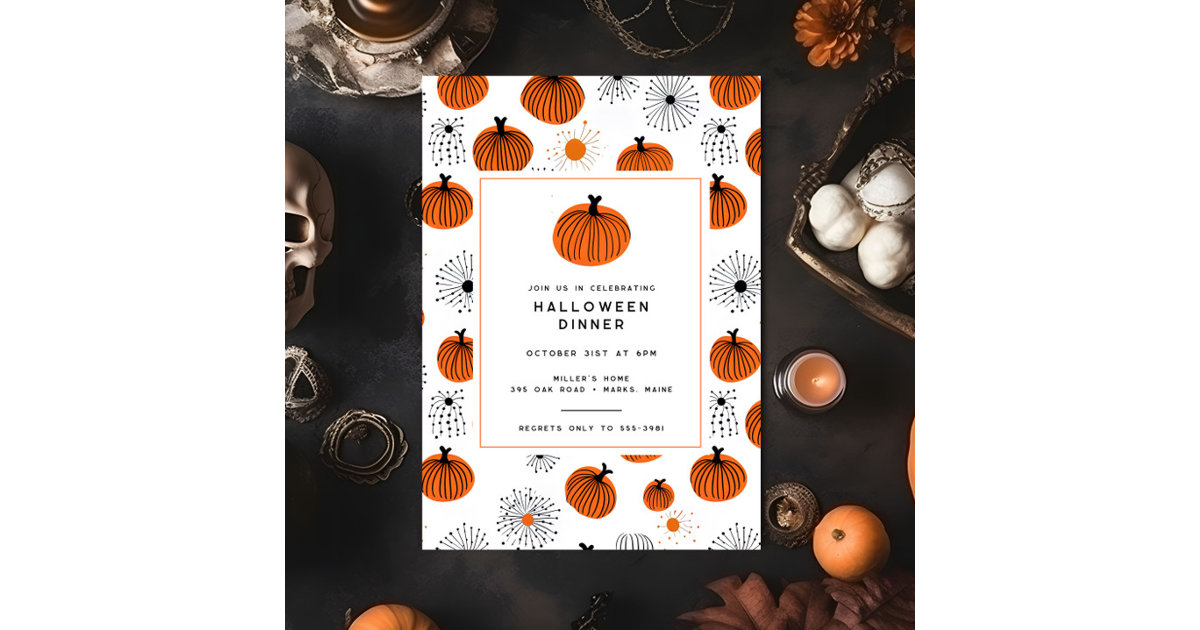 Modern Orange Black Pumpkin Halloween Dinner Party Invitation Zazzle