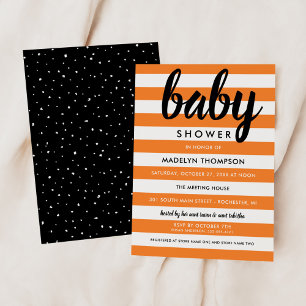 Modern Orange Black Stripe Halloween Baby Shower Invitation