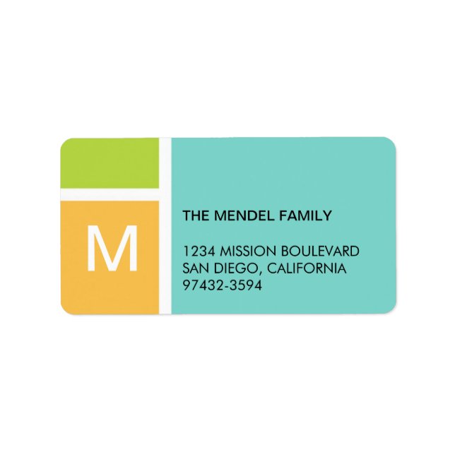 Modern orange blue color block monogram address label (Front)