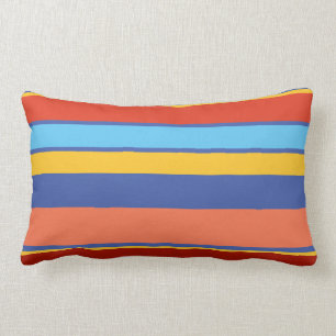 Modern Orange Blue Yellow Coral Stripes Beach Lumbar Pillow