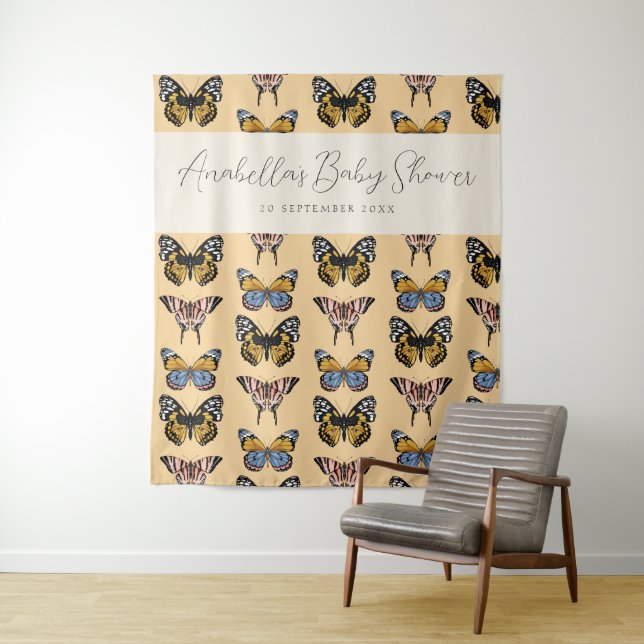 Modern Orange Boho Butterfly Girl Baby Shower Tapestry (In Situ)