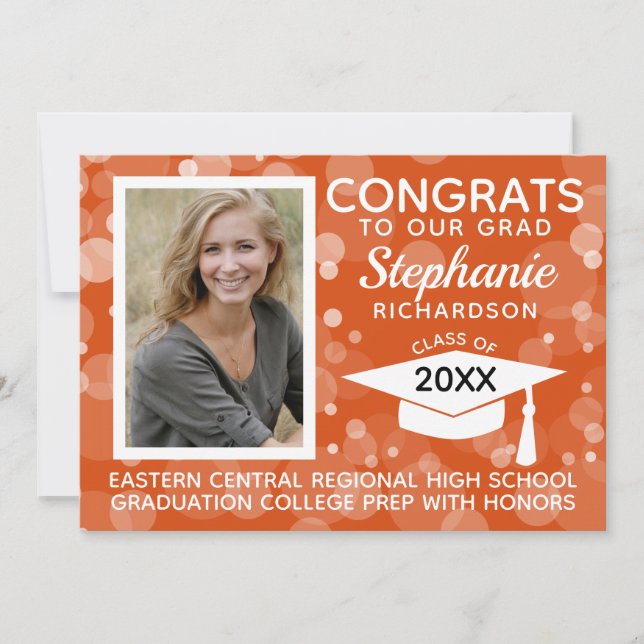 Modern Orange Bokeh Bubbles Photo Graduation Invitation (Front)
