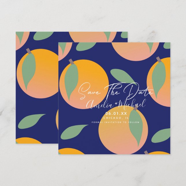Modern Orange Botanical Blue Save the Date Card (Front/Back)