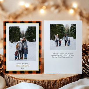 Modern Orange Buffalo Plaid Christmas Two Photos Foil Holiday Card