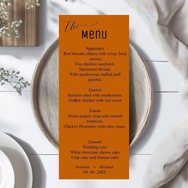 Modern orange burnt  minimalist wedding menu,  menu (Creator Uploaded)