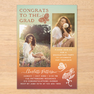 Modern Orange Butterfly Photo Graduation Party Acrylic Invitations