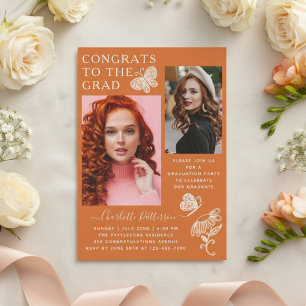 Modern Orange Butterfly Photo Graduation Party Invitation