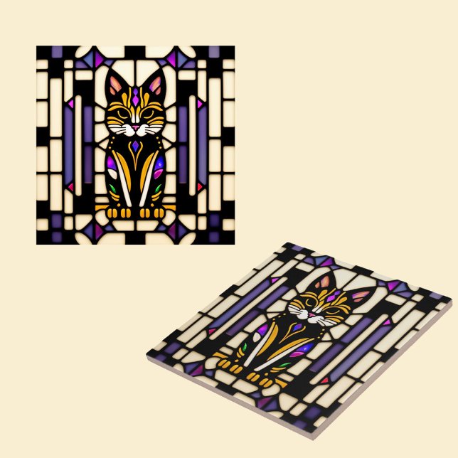 Modern Orange Cat Stained Glass Illustration Ceramic Tile (Creator Uploaded)
