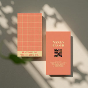Modern Orange Checkered Pattern QR Code Business Card