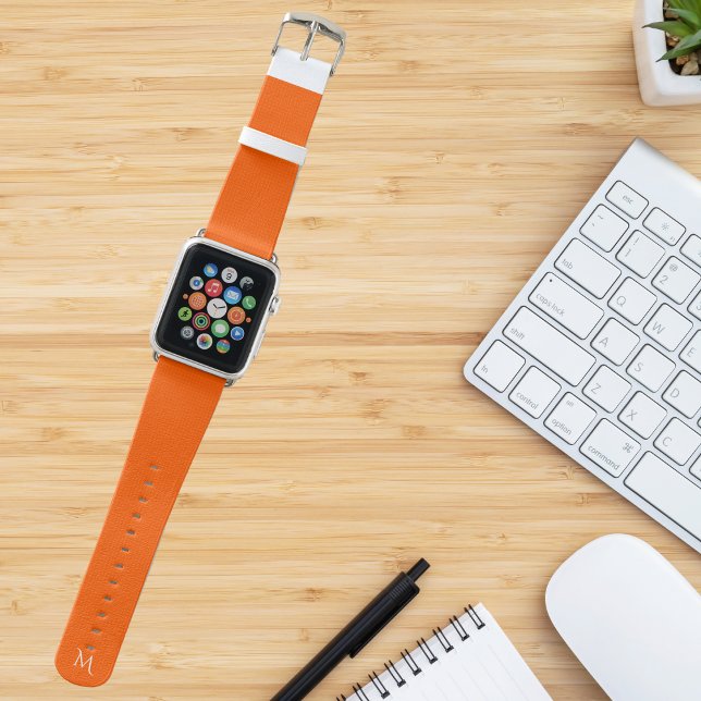Modern Orange Checkered Pattern White Monogrammed Apple Watch Band (Modern Orange Checkered Pattern White Monogrammed Apple Watch Band)