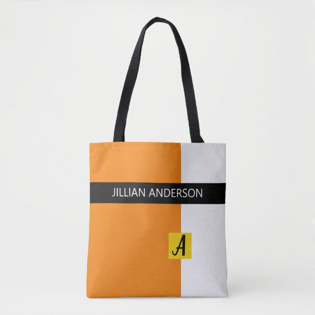 Modern Orange Color Blocked Monogrammed Tote Bag (Front)