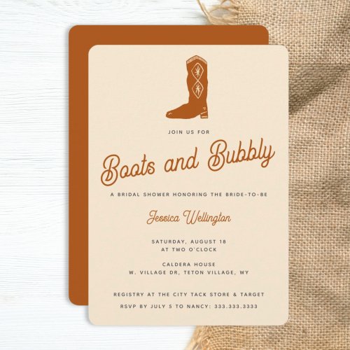 Modern Orange Cowgirl Boots Bubbly Bridal Shower  Invitation