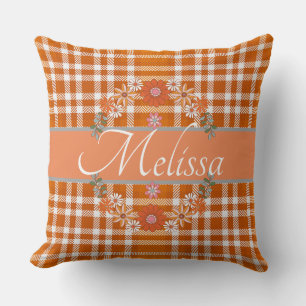 Modern Orange Fabric Monogrammed colurful flowers Throw Pillow