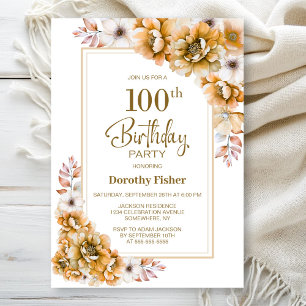Modern Orange Floral 100th Birthday Party Invitation
