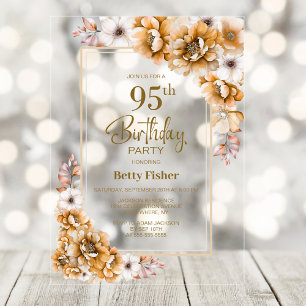 Modern Orange Floral 95th Birthday Party Acrylic Invitations