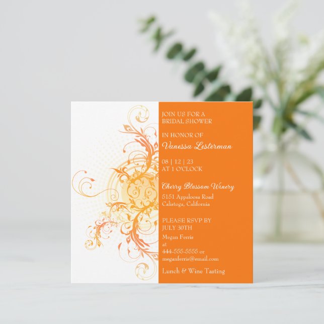 Modern Orange Floral Bridal Shower Invitation (Standing Front)
