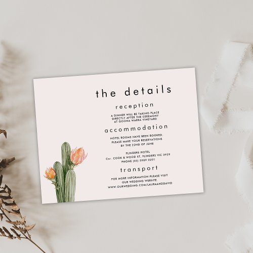 Modern Orange Floral Cactus Wedding Details Card