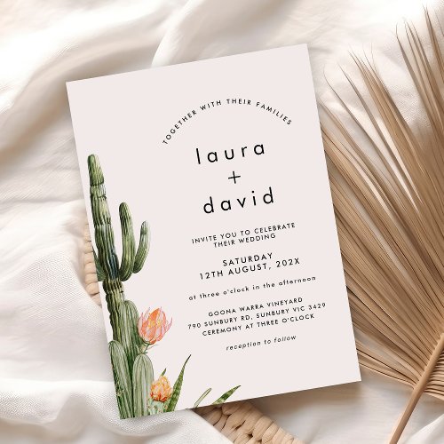 Modern Orange Floral Cactus Wedding  Invitation