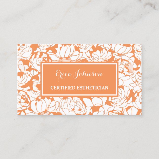 Modern Orange Floral Girly Certified Esthetician Business Card (Front)