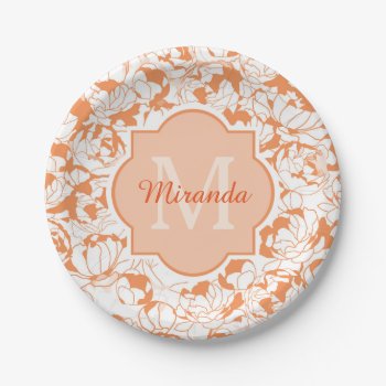 Modern Orange Floral Girly Monogram With Name Paper Plates by ohsogirly at Zazzle