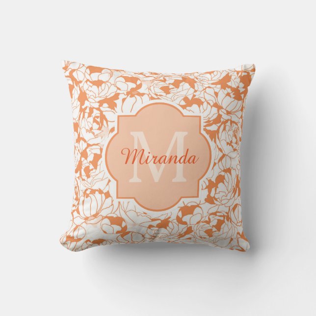 Modern Orange Floral Girly Monogram With Name Throw Pillow (Front)