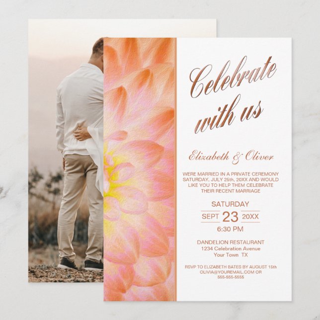 Modern Orange Floral Photo Wedding Reception Invitation (Front/Back)