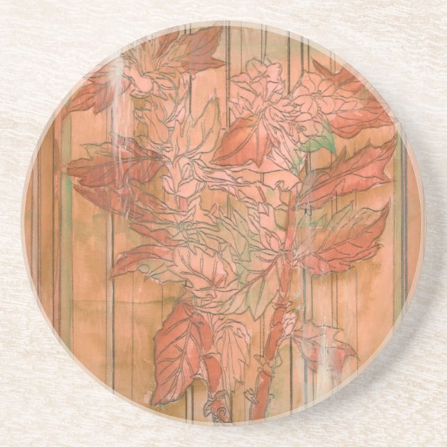 Modern Orange Floral Print on Stripped Background Drink Coaster (Front)