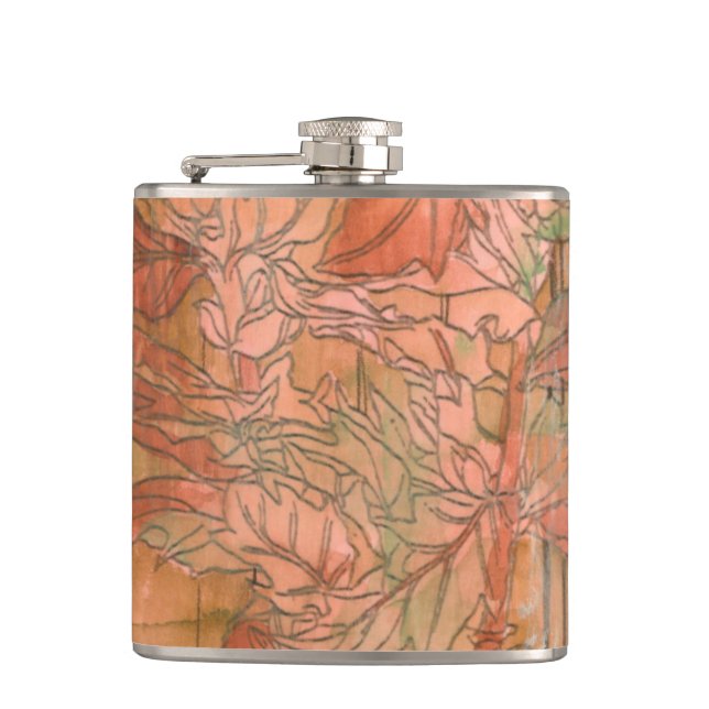 Modern Orange Floral Print on Stripped Background Hip Flask (Front)