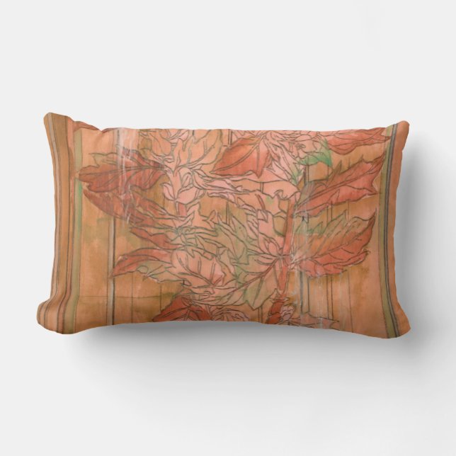 Modern Orange Floral Print on Stripped Background Lumbar Pillow (Front)