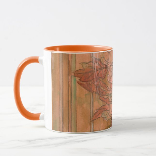 Modern Orange Floral Print on Stripped Background Mug (Left)