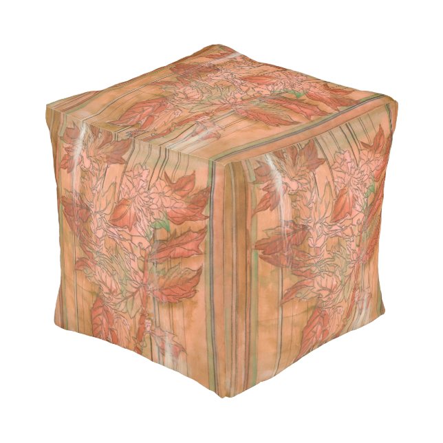 Modern Orange Floral Print on Stripped Background Pouf (Angled Front)