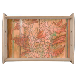 Modern Orange Floral Print on Stripped Background Serving Tray