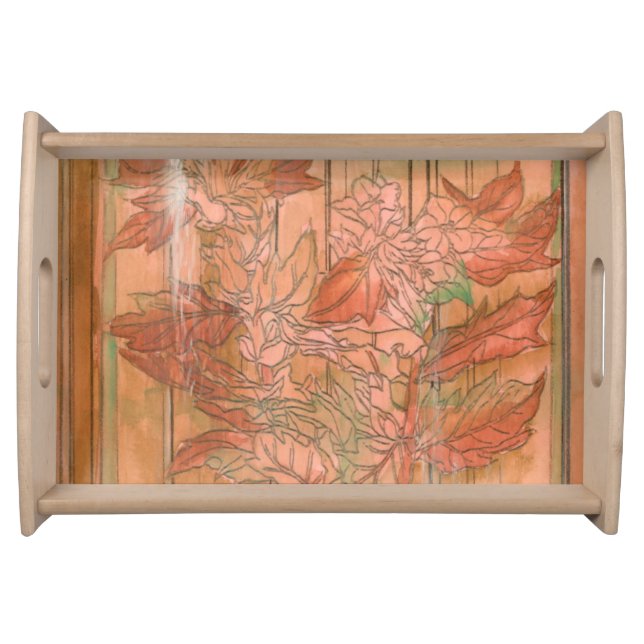 Modern Orange Floral Print on Stripped Background Serving Tray (Front)