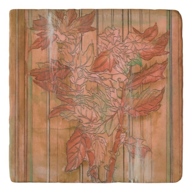 Modern Orange Floral Print on Stripped Background Trivet (Front)