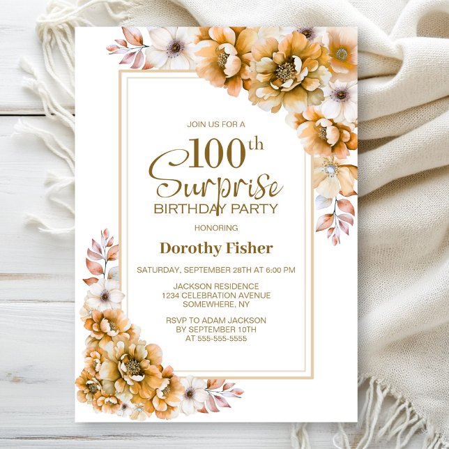 Modern Orange Floral Surprise 100th Birthday Party Invitation (Creator Uploaded)