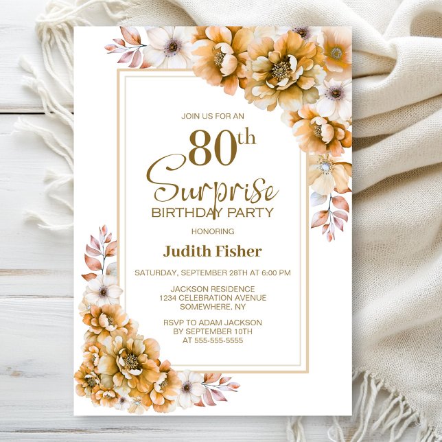 Modern Orange Floral Surprise 80th Birthday Party Invitation (Creator Uploaded)